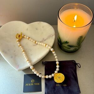 JULIE VOS New Astor Statement Holiday pearl coin necklace Green 24k gold plate